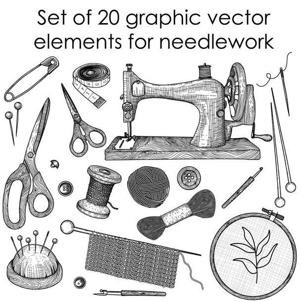  Sada 20 grafických vektorových prvků pro práci s jehlami. Šicí stroj, pletací jehly, pletací hák, nit, jehla, jehlice, jehlice, sponky do vlasů, výšivka na kroužku, knoflíky, parník, nůžky, měřicí páska - Vektor, obrázek