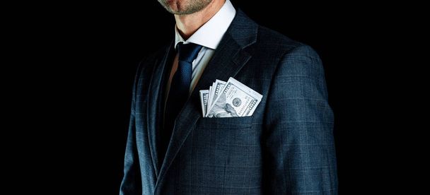 Money stack. Business man hand holding American money. Washington cash, usd background - Photo, Image