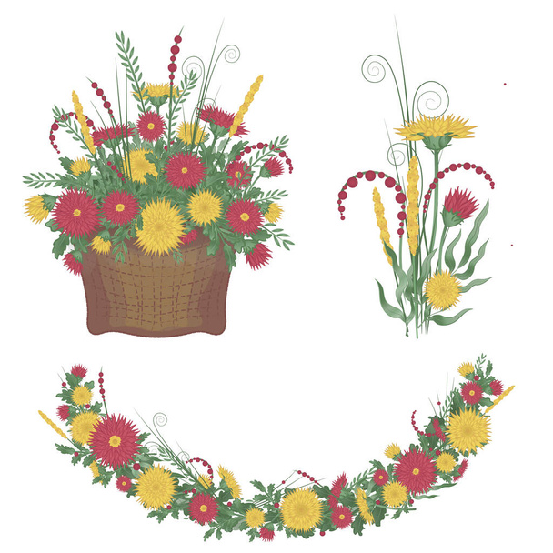 Basket with flowers. A set of bouquets and wreaths. Red and yellow chrysanthemums - Photo, Image