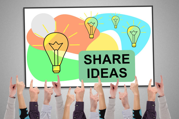 Share ideas concept on a whiteboard pointed by several fingers - Foto, Imagem