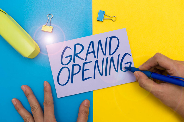 Sign displaying Grand Opening. Conceptual photo Ribbon Cutting New Business First Official Day Launching Flashy School Office Supplies, Teaching Learning Collections, Writing Tools, - Foto, Bild