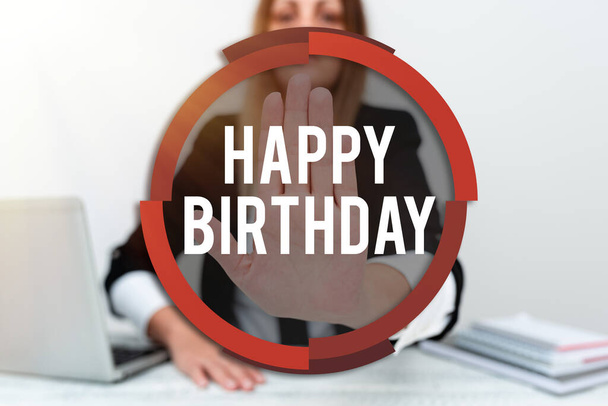Sign displaying Happy Birthday. Internet Concept The birth anniversary of a person is celebrated with presents Assistant Offering Instruction And Training Advice, Discussing New Job - Photo, Image