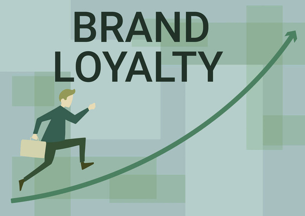 Handwriting text Brand Loyalty. Conceptual photo Repeat Purchase Ambassador Patronage Favorite Trusted Businessman Running Upward Holding Briefcase With Arrow Pointing Up. - Photo, Image
