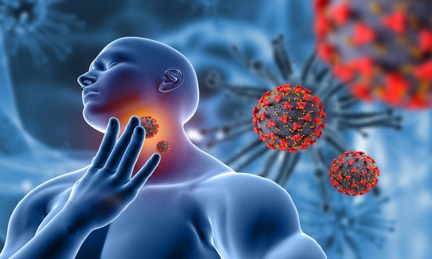 3D vykreslení zdravotního pozadí s mužskou postavu držící hrdlo v bolestech s kovid 19 virových buněk - Fotografie, Obrázek