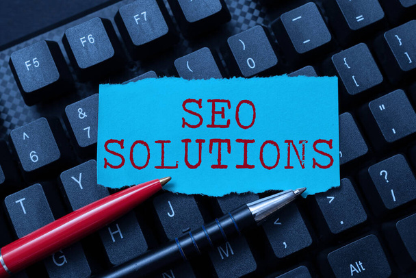 Text caption presenting Seo Solutions. Business idea Search Engine Result Page Increase Visitors by Rankings Setting Up New Online Blog Website, Typing Meaningful Internet Content - Foto, Imagem