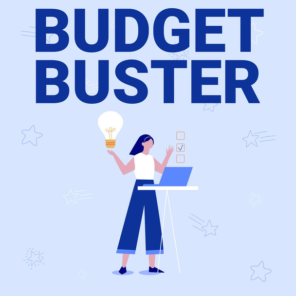 Conceptual display Budget Buster. Business overview Carefree Spending Bargains Unnecessary Purchases Overspending Illustration Of Girl Using Laptop Having Ideas And Making Checklist. - Photo, Image