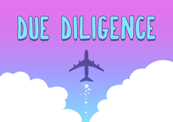 Sign displaying Due Diligence. Business idea Comprehensive Appraisal Voluntary Investigation Audit Illustration Of Airplane Launching Fast Straight Up To The Skies. - Foto, Bild