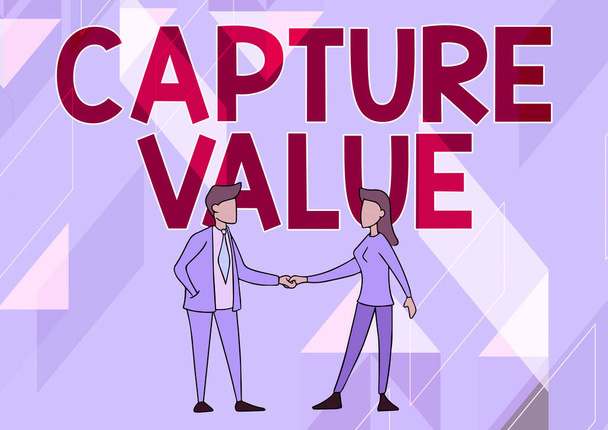 Szöveg jel mutatja Capture Value. Üzleti ötlet Ügyfélkapcsolat Kielégítő igények Márka Erő Visszatartás Férfi és nő Álló felé Egymás felé mutató kéz. - Fotó, kép