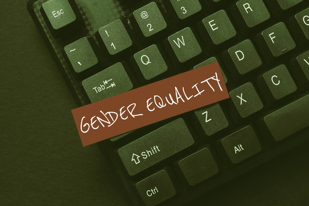 Hand writing sign Gender Equality. Business concept access to same privilege given to both men and women Abstract Online Typing Contest, Creating Funny Online Book Ideas - Photo, Image