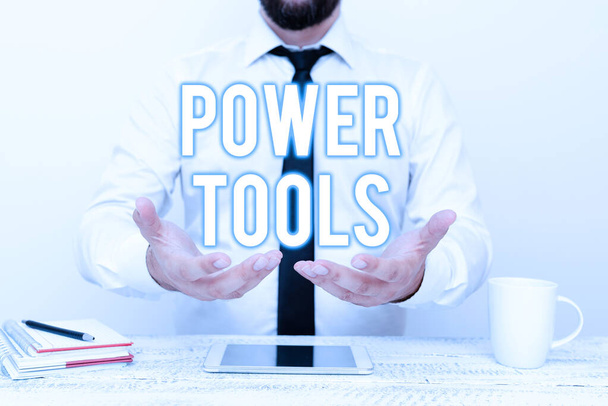 Почерк текста Power Tools. Инструменты бизнес-концепции, работающие на электродвигателе, в основном используемые для ручного труда - Фото, изображение