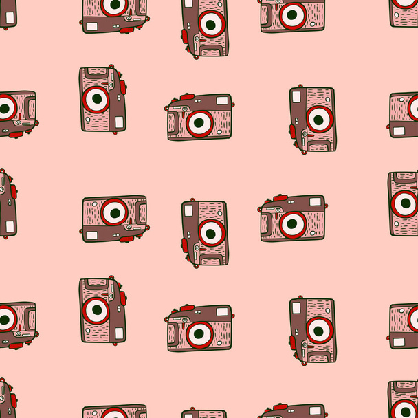 Photo camera vintage seamless pattern. Retro photo cameras design. Repeated texture in doodle style for fabric, wrapping paper, wallpaper, tissue. Vector illustration. - Vettoriali, immagini