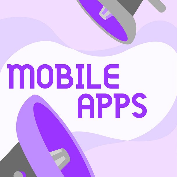 Zarejestruj wyświetlanie aplikacji mobilnych. Przegląd biznesowy aplikacja przeznaczona do uruchamiania na urządzeniach przenośnych Para rysunku Megafon Dokonywanie ogłoszenia w Chat Cloud. - Zdjęcie, obraz