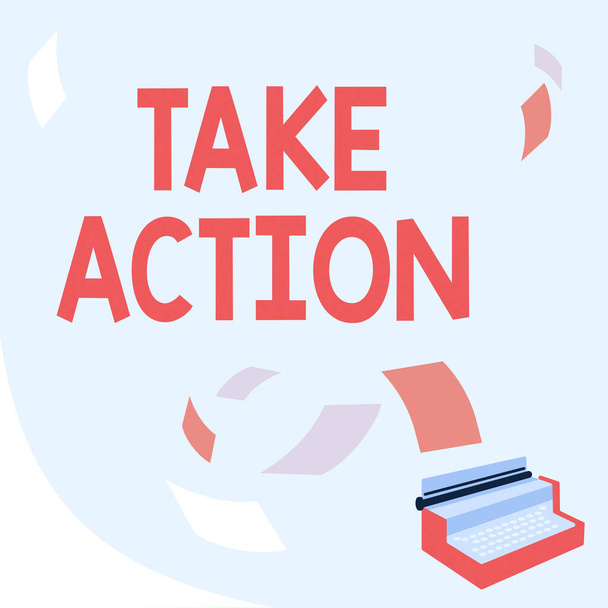 Znak tekstowy pokazujący Take Action. Word Napisane na pozytywnym akcie podejmowania decyzji o rozwiązaniu problemu Vintage maszynę do pisania rysowania z wieloma pływającymi papierami. - Zdjęcie, obraz