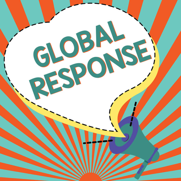 Text sign showing Global Response. Business idea indicates the behaviour of material away from impact point Illustration Of A Loud Megaphone Speaker Making New Announcements - Photo, Image