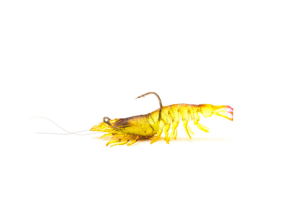 Side view typical artificial shrimp lure lifelike swim bait fishing tackle isolated on white background. - Photo, image