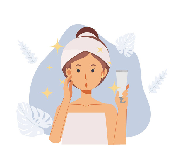 vrouw beoordeling huidverzorgingsproducten.Resultaat van acne behandeling product.flat vector 2d cartoon karakter illustratie. - Vector, afbeelding