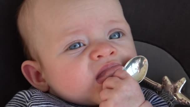 Una cara de bebé recién nacido cerca. Juega con una cuchara de metal plateado. Come. Corte de dientes - Metraje, vídeo