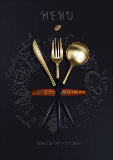 Cuchillo tenedor dorado y cuchara sobre fondo negro con siluetas de café. Un cartel moderno de moda para un restaurante. Ilustración vectorial de la vista superior. - Vector, imagen