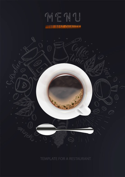 Menú. Una taza de café blanco con una cuchara sobre un fondo negro con siluetas de café. Un cartel moderno de moda para un restaurante. Ilustración vectorial de la vista superior. - Vector, imagen