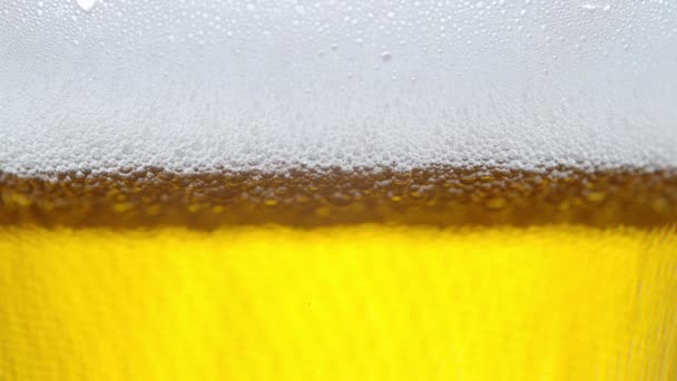 MACRO: Primer plano de una pinta crujiente de cerveza dorada con espuma blanca perfecta. - Metraje, vídeo