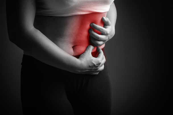 Lady abdominal pain. Black and white - Photo, Image