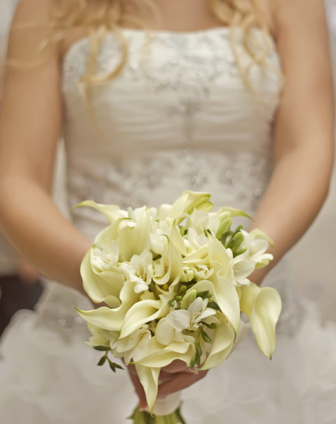 Bride in a white dress with a wedding bouquet - Фото, зображення