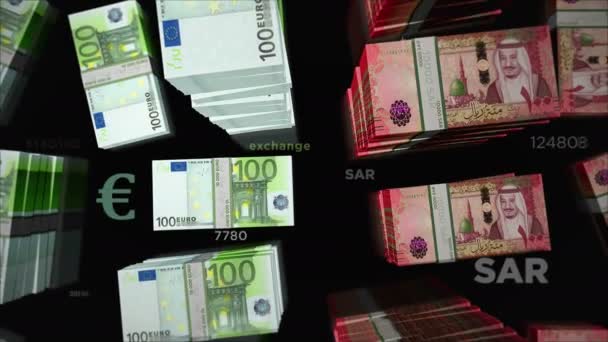 Euro a saúdskoarabská výměna peněz v Riyalu. Papírové bankovky balí balík. Pojetí obchodu, hospodářství, hospodářské soutěže, krize, bankovnictví a financí. Poznámky smyčka bezešvé 3D animace. - Záběry, video