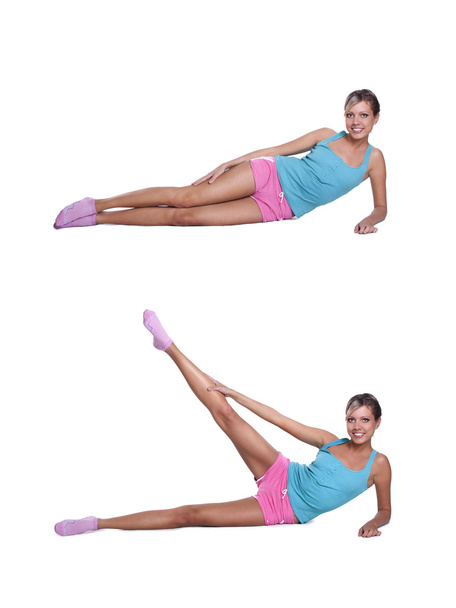 Woman doing exercises for exteriority of thigh - Φωτογραφία, εικόνα