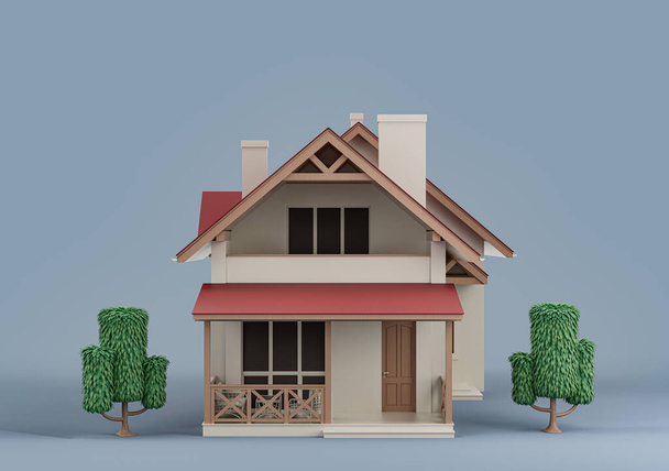 Immobilien Einzelhaus mit Bäumen, Miniaturmodell weißer und roter Farben, 3D Rendering, hallo-res, niemand - Foto, Bild