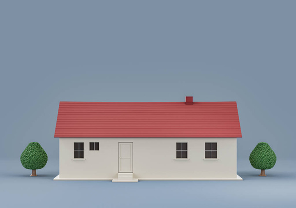 Immobilien Einfamilienhaus mit Bäumen, Miniatur-Einfamilienhausmodell weiße und rote Farben, 3D-Rendering, hallo-res, niemand - Foto, Bild