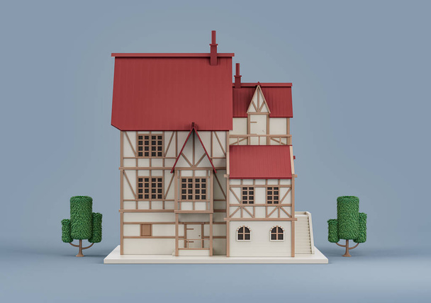 Ακίνητα, ενιαίο σπίτι χωριό με δέντρα, μινιατούρα σπίτι μοντέλο λευκό και κόκκινο χρώμα, 3d Αποτύπωση, hi-res, κανείς - Φωτογραφία, εικόνα