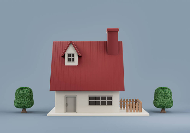 Real estate property single detached house with trees, miniature detached house model white and red colors, 3d Rendering, hi-res, nobody - 写真・画像