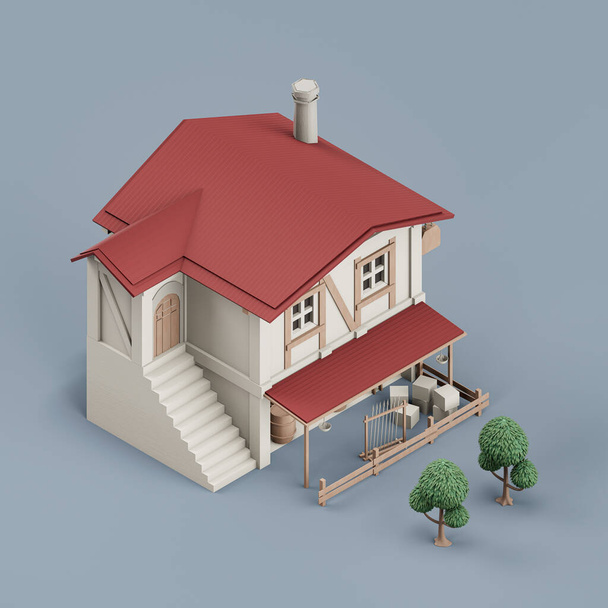 Isométrica casa unifamiliar con árboles, miniatura casa unifamiliar modelo blanco y rojo colores, 3d Rendering, hi-res, nadie - Foto, imagen