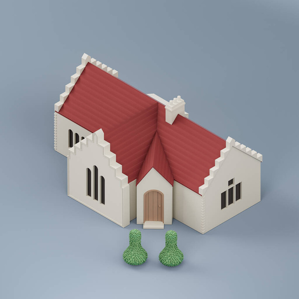 un lieu de culte stylisé, une église avec des arbres, modèle miniature de bâtiment couleurs blanches et rouges, rendu 3d, salut-res, personne - Photo, image