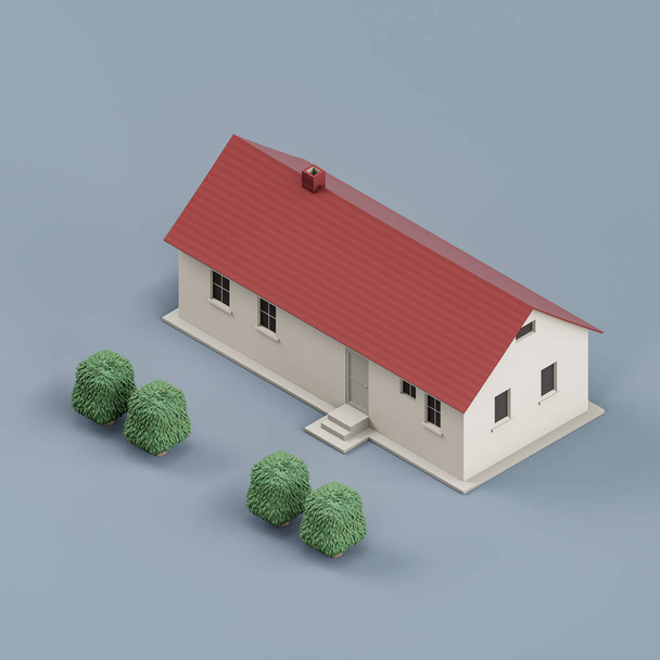 Isometric detached house with trees, miniature detached house model white and red colors, 3d Rendering, hi-res, nobody - Foto, Bild