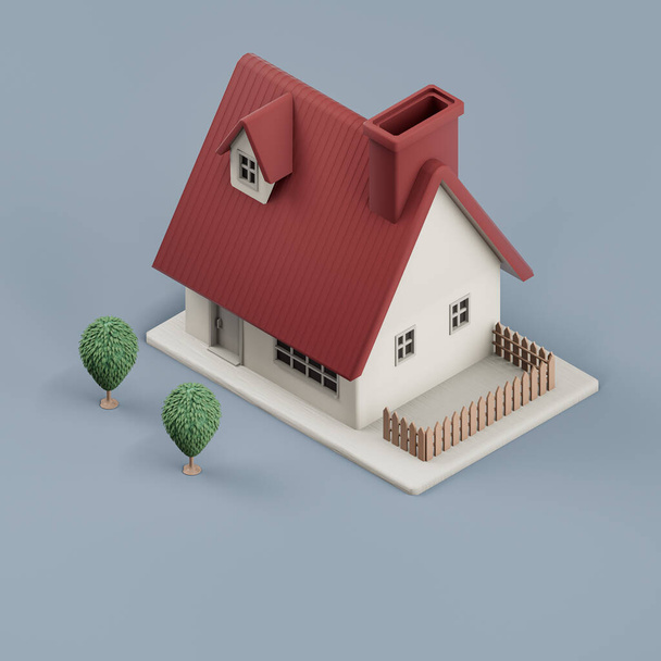 Isometric detached house with trees, miniature detached house model white and red colors, 3d Rendering, hi-res, nobody - Foto, Bild
