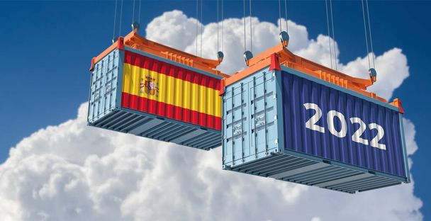 Trading 2022. Freight container with Spain national flag. 3D Rendering  - Φωτογραφία, εικόνα