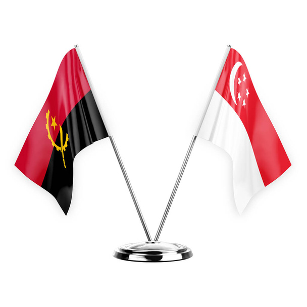 Two table flags isolated on white background 3d illustration, angola and singapore - Foto, Bild
