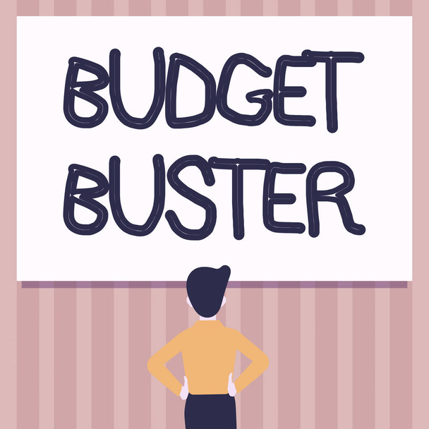 Text sign showing Budget Buster. Word for Carefree Spending Bargains Unnecessary Purchases Overspending Man Drawing Standing Hands N Hips Looking At An Empty Whiteboard. - Foto, Imagem