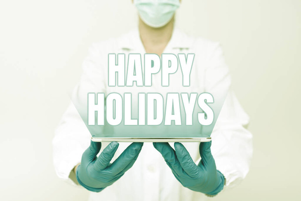 Text caption presenting Happy Holidays. Conceptual photo Made a short journey by a group of showing for pleasure Demonstrating Medical Techology Presenting New Scientific Discovery - Photo, Image
