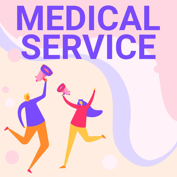 Sign displaying Medical Service. Word for treat illnesses and injuries that require medical response Illustration Of Partners Jumping Around Sharing Thoughts Through Megaphone. - Foto, Imagem