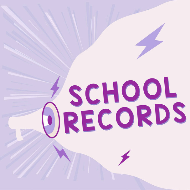 Text sign showing School Records. Business approach Information that is kept about a child at school Biography Megaphone Drawing Making New Loud Announcement To Blank Cloud. - Foto, immagini