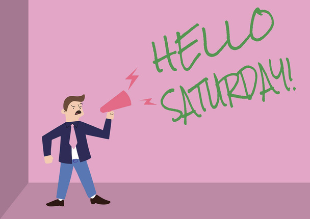 Text sign showing Hello Saturday. Business concept a positive message expressed during the start of the weekend Man Standing Shouting Over Megaphone Presenting New Announcment. - Foto, Imagem