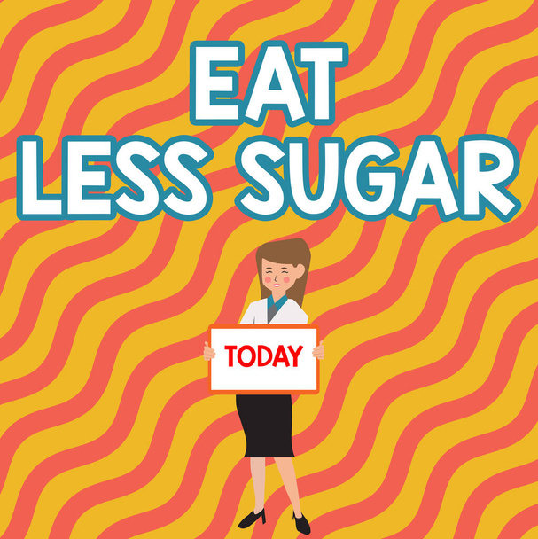 Inspiration showing sign Eat Less Sugar. Conceptual photo reducing sugar intake and eating a healthful diet rich foods Beautiful Lady Standing Holding Whiteboard Presenting New Announcement. - Photo, Image