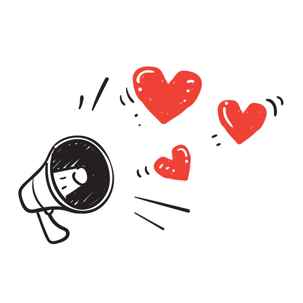 ručně kreslený megafon a symbol ilustračního vektoru lásky pro šíření lásky - Vektor, obrázek