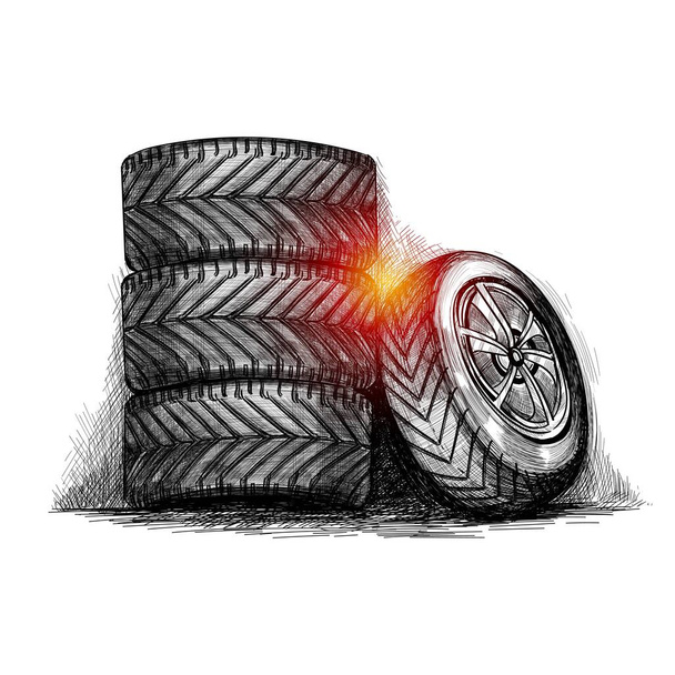 Hand draw realistic complete set tire sketch - Vector, Image