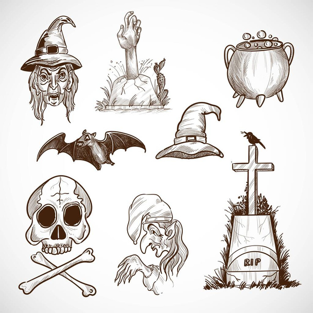 Hand drawn halloween elements set sketch design - Vector, Image
