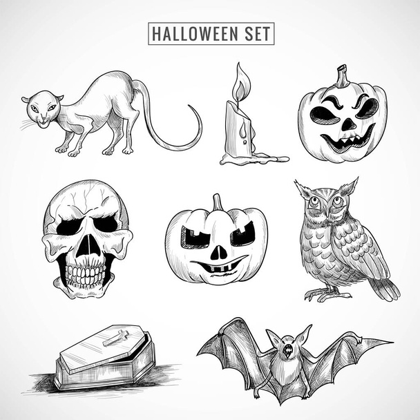 Hand drawn halloween elements set sketch design - Vector, imagen
