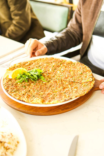 Traditional turkish baked dish pide. Turkish pizza pide, Middle eastern appetizers. Turkish cuisine. Pide with meat filling - Photo, Image