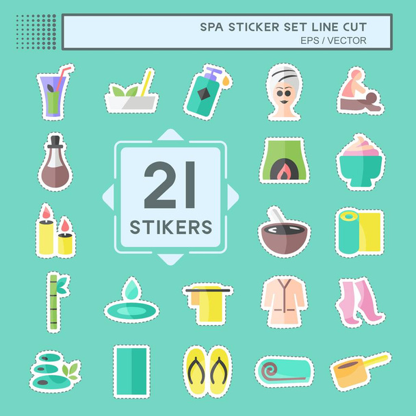 Spa Sticker Set in trendy lijn gesneden geïsoleerd op blauwe achtergrond - Vector, afbeelding